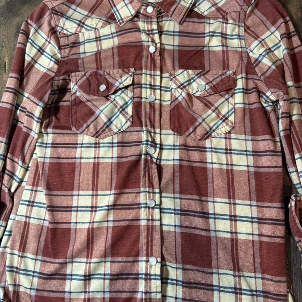Womens Passport Maroon Plaid Pearl Snap Shirt Size S Western Adjustable Sleeves‎ - Picture 8 of 14